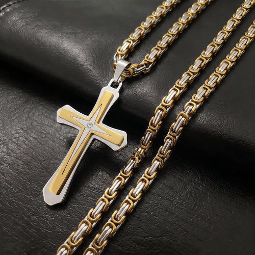 Black 14K Gold Plated Cross Necklace for Men Stainless Steel Byzantine Chain With Cross Pendant Necklace Mens Gifts 22-30Inch