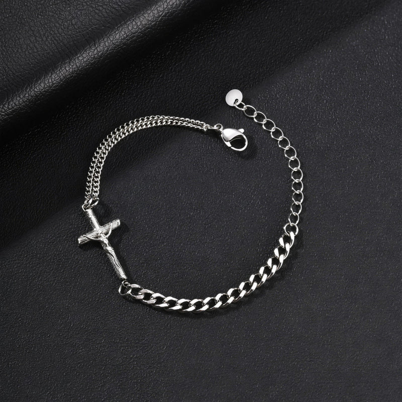 Vnox Men Stainless Steel Jesus Crucifix Cross Bracelet Adjustable Curb Chain Wristband Religious Jewelry Gift for Male Him