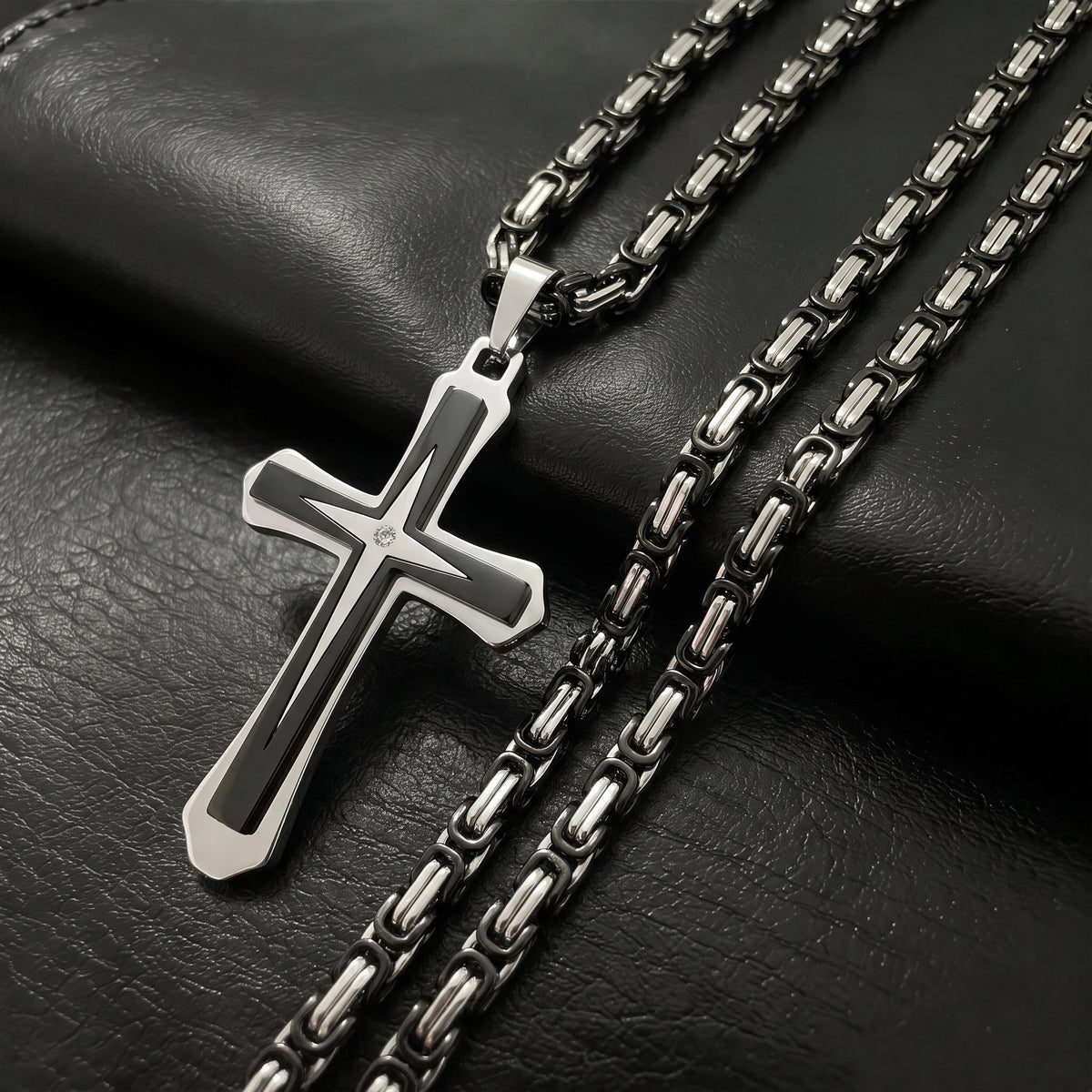 Black 14K Gold Plated Cross Necklace for Men Stainless Steel Byzantine Chain With Cross Pendant Necklace Mens Gifts 22-30Inch