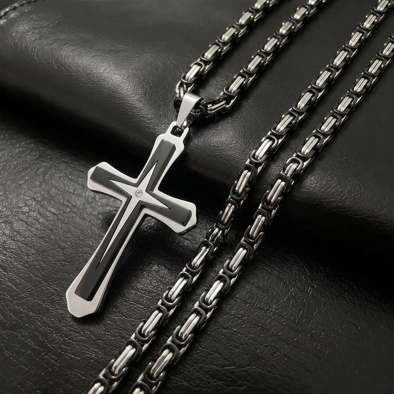 Black 14K Gold Plated Cross Necklace for Men Stainless Steel Byzantine Chain With Cross Pendant Necklace Mens Gifts 22-30Inch